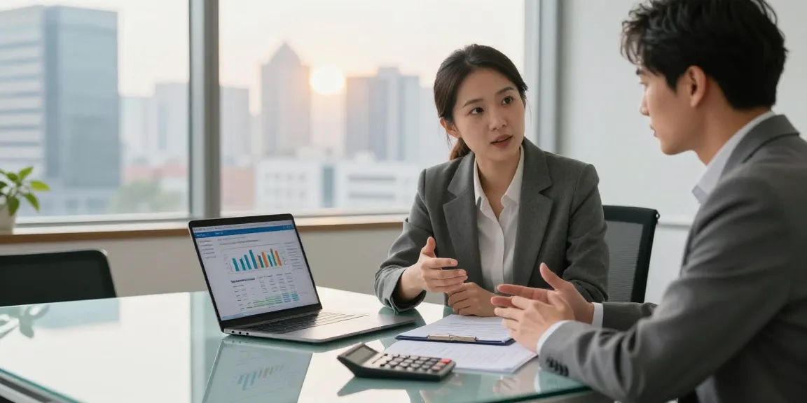 Business owner discussing merchant cash advance UK options with advisor in modern office.