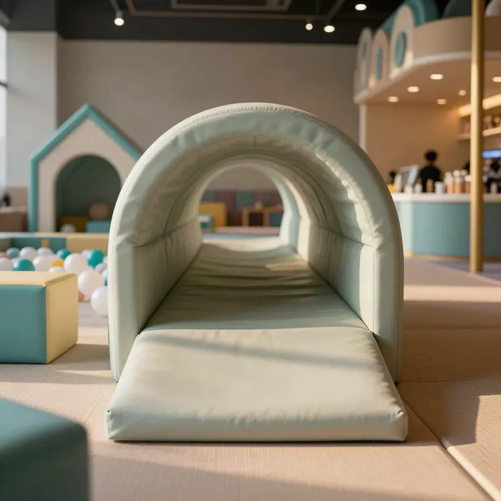 Interno del play centre con tunnel morbidi, rampa imbottita e piscina di palline in luce dorata.