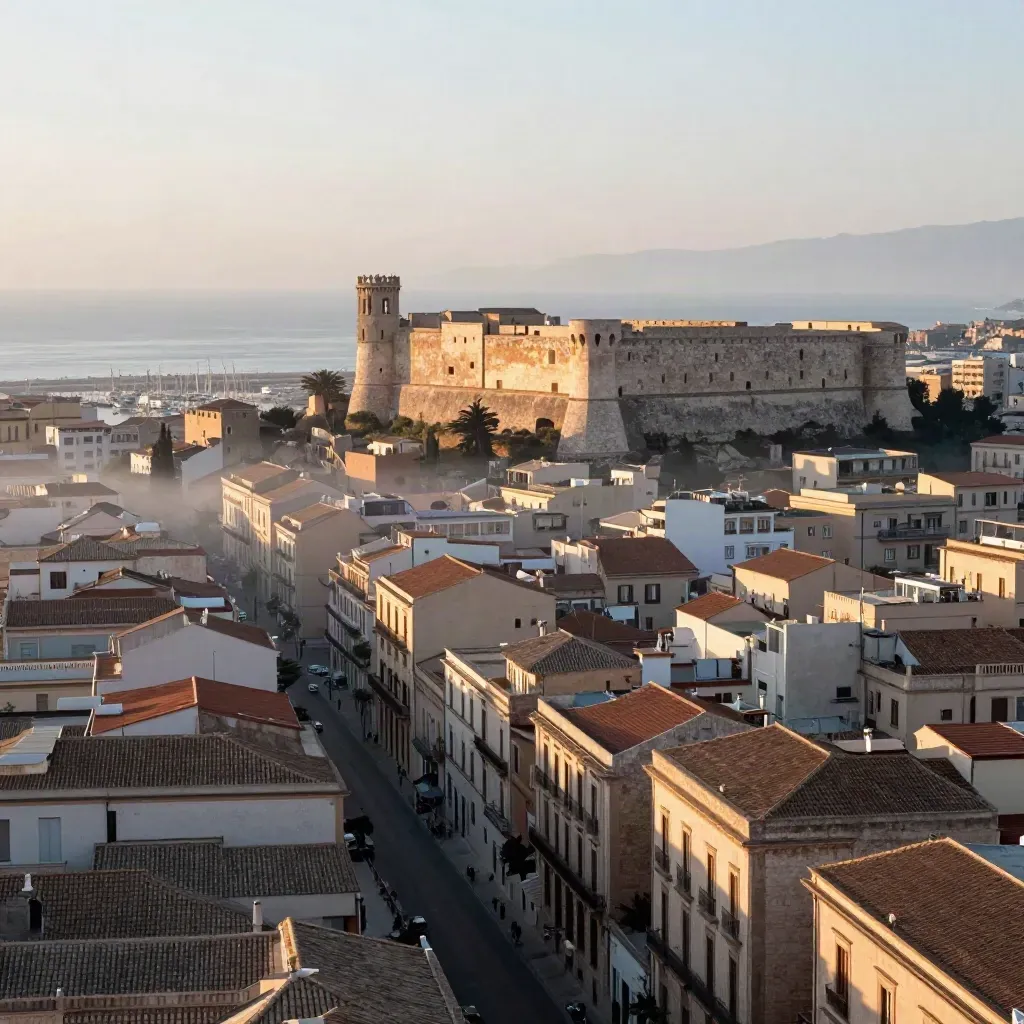 Panorama di Cagliari Centro all’alba, Castello e tetti in terracotta immersi nella foschia marina.